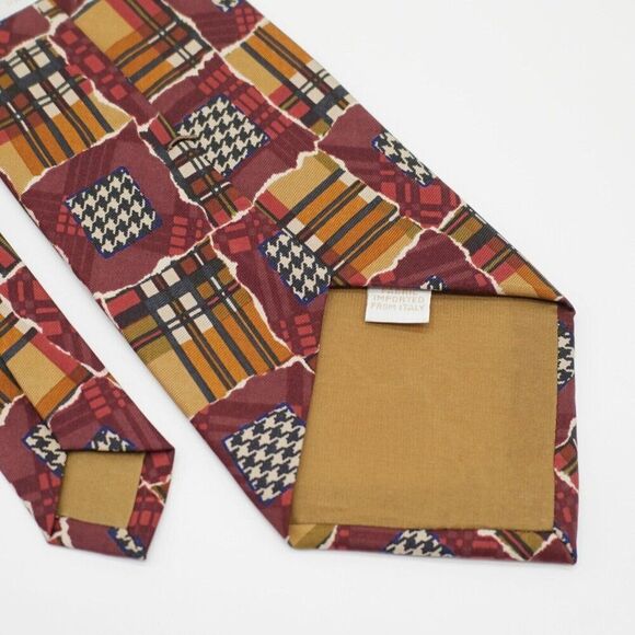 Perry Ellis Handmade Red Yellow Patchwork‎ Plaid Wide Print Silk Tie - Picture 7 of 8